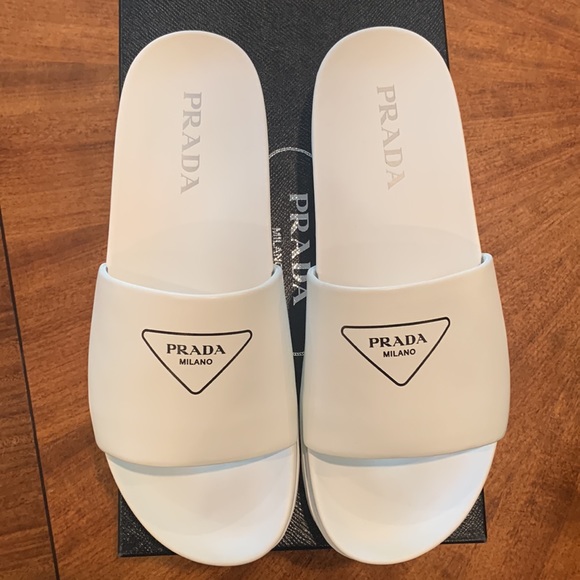 Prada Men’s silkscreen logo print slides sandals White leather New US 12 & 12.5 - Picture 10 of 14